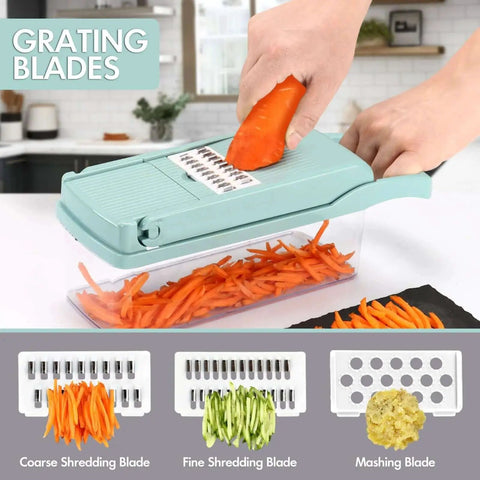 Person using 12 in 1 Vegetable Chopper And Slicer For Kitchen Prep Like A Pro with grating blades, slicing carrots into a container.