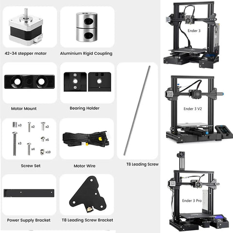 Components of Dual Z Axis Upgrade Kit for Ender 3 Pro V2, including stepper motor, coupling, motor mount, T8 screw, and power supply holder