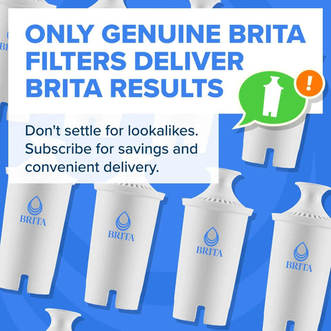 Image of multiple Brita water filters against a blue background, highlighting the genuine Brita filter with text emphasis.