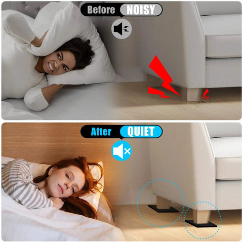 Before and after using Eight Pack Adhesive Neoprene Foam Padding Sheets Half Inch Thick Four By Four Inches Self Stick Vibration Dampening Pads for quiet sleep.