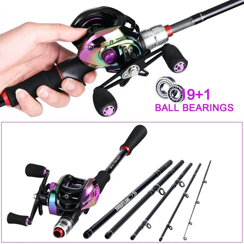 Carbon Fiber Fishing Rod 1.8m 2.1m Ultra Light Portable 5 To 6 Sections Baitcasting Reel Combo Left Hand Or Right Hand 18 Plus 1 Ball Bearings 18BB High Quality Pole For Stream Lake River Pond Fishing, showing hand holding rod and reel parts.