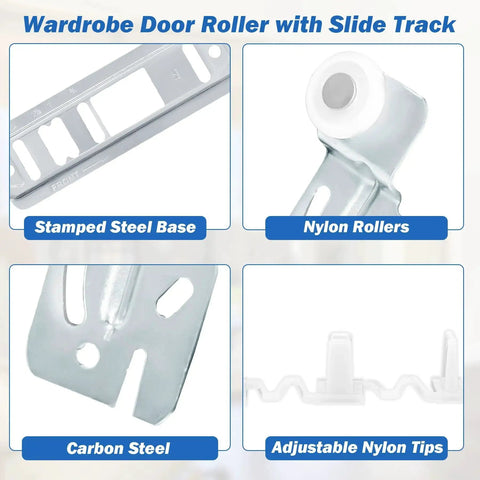 5 Piece Sliding Closet Door Roller Kit With MP6501 Rollers And N 6560 Floor Guide showing stamped steel base and nylon roller.