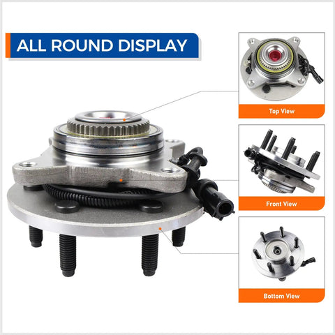 Front Wheel Hub Bearing Assembly 515079 for 2004 to 2008 Ford F150 4x4 and 2006 to 2008 Lincoln Mark LT with ABS 6 Lug Plug N Play Replacement, top, front, bottom views shown.