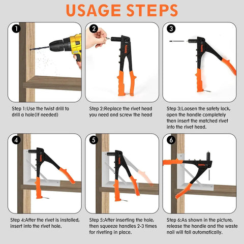 Usage steps for Heavy Duty Pop Rivet Gun Kit With 200 Rivets And 4 Interchangeable Nosepieces For Metalwork Auto Body Gutters And DIY Projects A Real Workhorse Hand Riveter For Quick Strong Slip Free Fastening On Aluminum And Steel