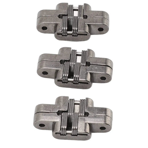 3 Pcs 43mm Mini Cabinet Invisible Hinges 180 Degree Zinc Alloy Cross Hinge Set, black plated, front view on white background.