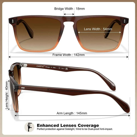 Front and side view of Retro Polarized Sunglasses For Men With UV Protection Dope Hand Crafted Acetate Frame Classic Rectangular Style Fashionable Cool Sun Glasses Crystal Coffee showing measurements.