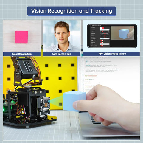 Robotic arm with Arduino 5DOF and ESP32-CAM module; blue cube near laptop in a color/face recognition collage.