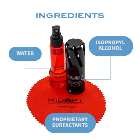 Optics Cleaning Solution With Microfiber Cloth For Smudge Free Lenses 2 Oz, ingredients labeled: water, isopropyl alcohol.