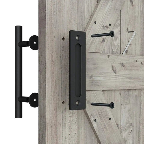 Two Piece Twelve Inch Pull And Flush Barn Door Handle Set In Black For Gates Garages Sheds And Furniture Rustic Two Sided Design With Finger Pull And Long Pull Handle Fits Door Panels From Three Quarters To One And Three Quarters Inch Thick on wooden door