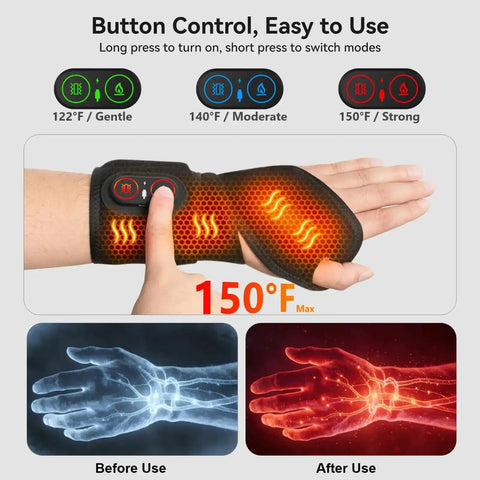 Cordless Wrist Hand Heating Pad Massage For Carpal Tunnel Relief With 3000mAh Battery And Vibration, showing heat and button settings