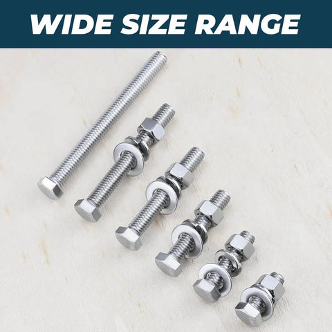 High Quality 1/4-20 x 1 Inch 304 Stainless Steel Hex Head Bolts Screws Nuts Flat and Lock Washers Kit - 10 Full Sets displayed with size range