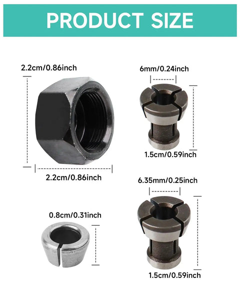 Product size chart for Collet Nut Kit Replacement For Makita Drills And Rotary Tools showing dimensions of various parts.