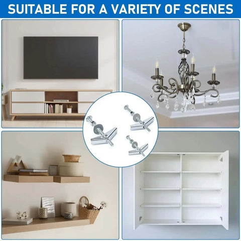 Beefy Heavy Duty Drywall Anchors Kit with one eighth inch toggle bolts shown holding shelves, cabinets, TV, chandelier on walls and ceilings