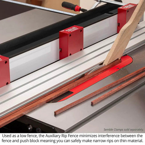 Auxiliary Rip Fence 48 Inch Table Saw Extension For Infeed Or Outfeed Material Support With Built In T Track Slots And Sliding Clamping Blocks Pro Grade USA Made ARF 48 installed on table saw with wood piece