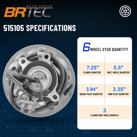Front Wheel Hub And Bearing Assembly 515104 shown with specifications for Chevy Colorado, GMC Canyon, Isuzu 6-lug with ABS left front