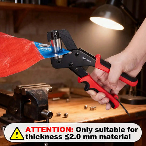 3/8 Inch Grommet Tool Kit With Magnetic Punch installing eyelet on red fabric in workshop setting, focus on hand using tool