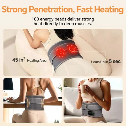 Person using Cordless Heated Back Wrap With Lumbar Massager Vibration Portable Lower Back Belt 3 Heat Levels lying down and sitting