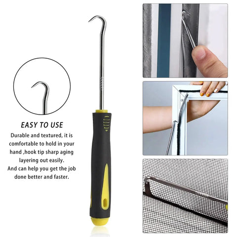 Three Piece Screen Tool Kit With Spline Roller Featuring Wooden Handle And Nylon Bearing Wheels, spline removal hook close-up