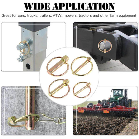 Heavy Duty Lynch Pin Assortment Kit With 30 Pcs, spring-loaded yellow zinc plated pins shown on farm equipment and close-up views.