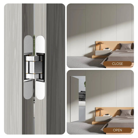 Hidden Door Hinges Set Two Pack Six Inch Three Way Adjustable Invisible Hinges With 180 Degree Swing Heavy Duty Concealed Hinges Load Bearing Up To 88 Lbs Silver Finish For Hidden Doors And Feature Walls