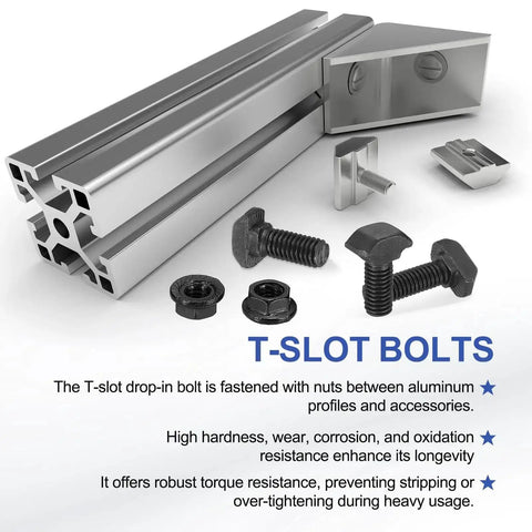 Beefy M5x12mm T Slot Bolts 16 Pack Drop In Hammer Head with Hex Flange Nuts and T Bolt Studs on aluminum extrusion profile