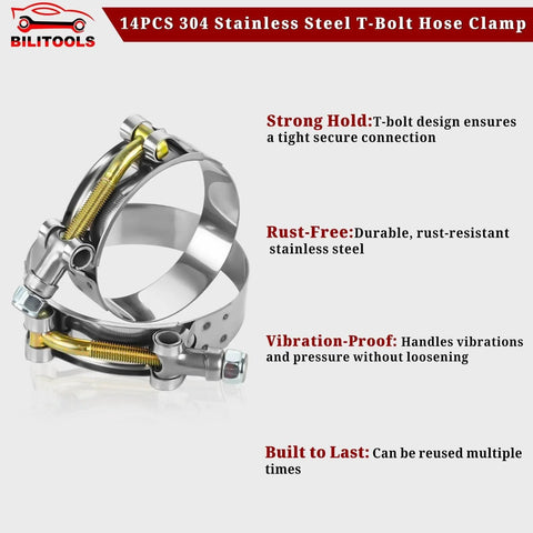 14PCS 304 Stainless Steel T-Bolt Hose Clamp Set, heavy duty for secure connection, rust-resistant, durable, and vibration-proof