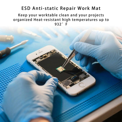 Technician using Anti Static Mat Kit For Electronics And Computer Repair With Esd Wrist Strap Grounding Wire And Grounding Plug 15.7in By 11in Heat Resistant Soldering Pad for phone repair