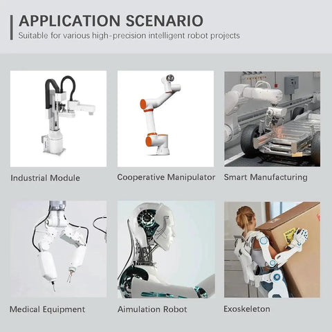 Six robotics devices shown: industrial module, cooperative manipulator, smart manufacturing robot.