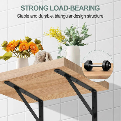 Floating wooden shelf supported by 12 Pack Heavy Duty L Shaped Shelf Brackets 12 Inch Long Black With Screws, showcasing load-bearing design.