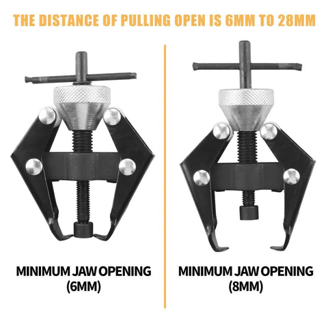Two Battery Terminal And Wiper Arm Puller Tools showing jaw openings of 6mm and 8mm, heavy duty post clamp removal device.