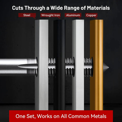 Image showing a drill cutting through steel, wrought iron, aluminum, and copper, demonstrating the capability of the 80 Piece Tap And Die Set With Metric And Standard Threading For Cutting And Repairing Internal And External Threads NC NF NPT Compatible Pro Grade Workshop Essential For Pros And Diyers Built For Precision And Durability.