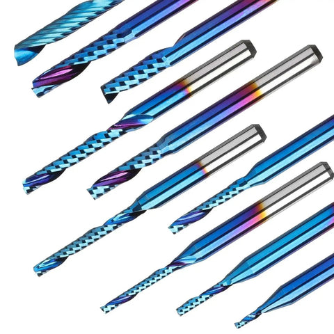 Ten Piece One Eighth Inch Shank Carbide Spiral O Flute End Mills Set For CNC Router Bits Nano Blue Coat Genmitsu OS10A