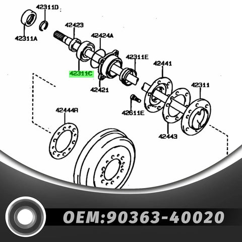 Exploded view of Rear Wheel Axle Shaft Bearing Fits Toyota SUVs And Pickups, 4Runner 1984-2001, Pickup 1984-1995, T100 1993-1998, Tacoma 1995-2001