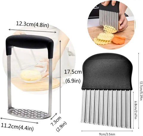Stainless Steel Potato Masher With Integrated Design And Crinkle Cutter Easy Wide Grip Kitchen Tool For Mashing Potatoes Beans Vegetables Fruits Avocado And Meat Your Go To 304 Grade Stainless Steel Masher with dimensions shown