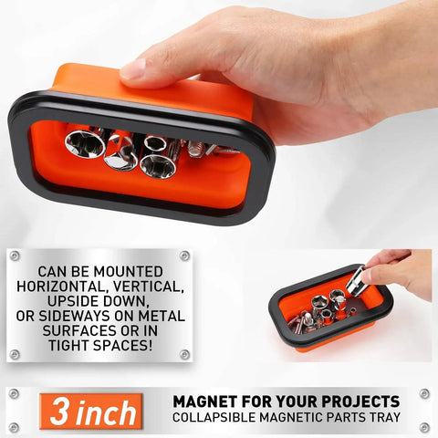 3 inch collapsible magnetic parts tray with sockets, part of the Must Have Versatile Four Piece Magnetic Pickup Tools Kit