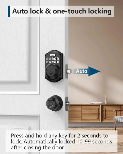 Keyless Door Lock With Keypad Smart Deadbolt Front Door Auto Lock Matte Black installed on a white door