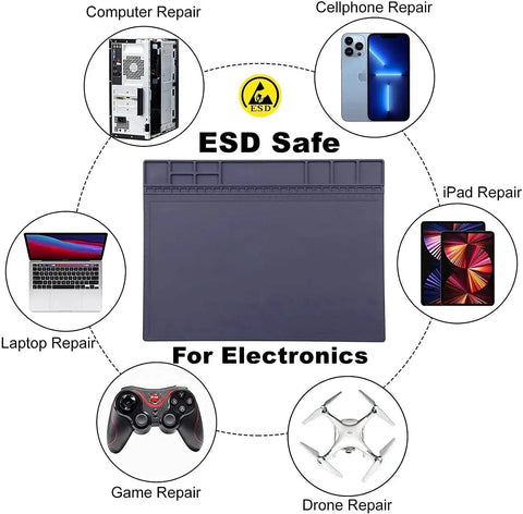 ESD Safe Anti Static Soldering Mat With Wrist Strap And Grounding Wire For Electronics, repair uses displayed around mat