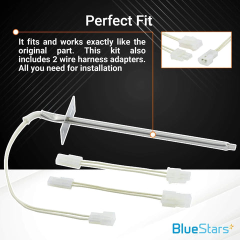 Image of Upgraded Oven Temperature Sensor Direct Replacement For Whirlpool And Kenmore Ovens Compatible With AP4009009 74004943 PS1570174 12001554 12001656VP 7430P003-60 WB21X5301 Easy Install Durable Kit With Accurate Temperature Readouts, showing sensor and wire harness adapters.