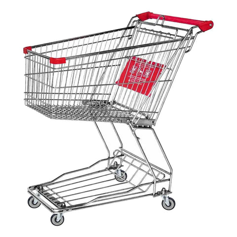 Shopping cart with steel frame and red handle on 5 Inch Heavy Duty Shopping Cart Replacement Wheels Set Of 4 Stem Casters With 0.3125 Inch Bore