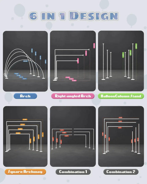 Diagram showing Six In One Balloon Arch Stand Kit with 10.8ft Adjustable Columns, illustrating six setup configurations.