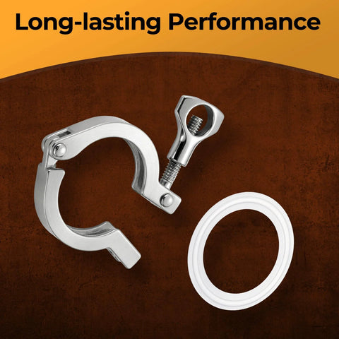 Stainless steel tri-clamp ferrule with wing-nut and white silicone gasket, 1–1.5 in diameter