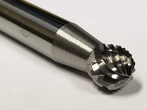 Close-up of One Quarter Inch SD 1 Ball Bur Double Cut Solid Carbide with AlTiN Coating, showing cutting surface and shank detail