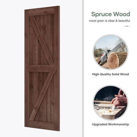 Front view of 36x84 Inch Spruce Solid Wood Sliding Barn Door Slab In Coffee Finish With 6.6ft Hardware Kit And Handle K Shape Easy DIY Assembly Durable Craftsmanship Featuring Clear Wood Grain For Home Renovation And Modern Interiors.