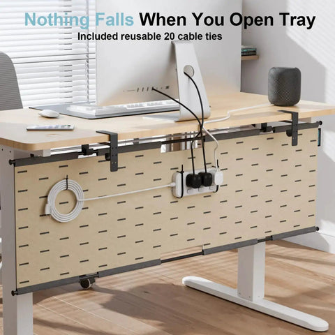 2 In 1 Under Desk Cable Management Tray And Privacy Panel With Dual Sided Felt Cord Organizer, shown installed on desk in gray khaki.