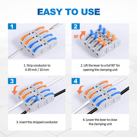 60-piece lever wire connector kit with orange and blue color-coded levers for 28-12 AWG wires; inline splicing.
