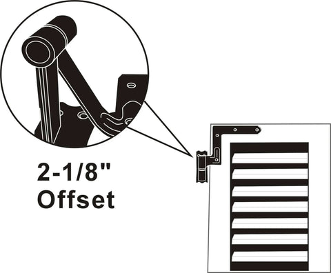 Diagram of Blind Shutter Hinge For Wood Frame And Brick, Steel Construction With 2-1/8 Inch Offset, Powder Coated Matte Black Finish