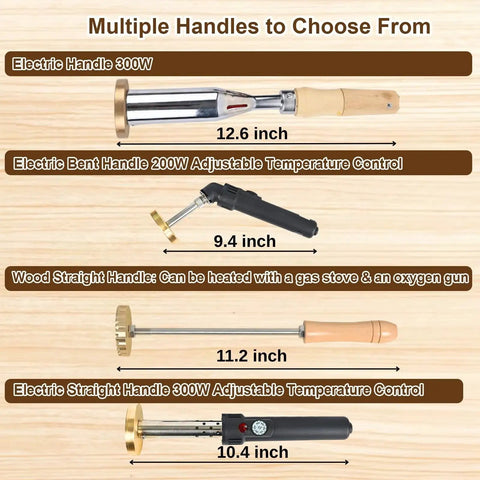 Image showing four types of handles for Personalized Branding Iron For Wood And Leather With Stand Electric Logo Stamp Kit.