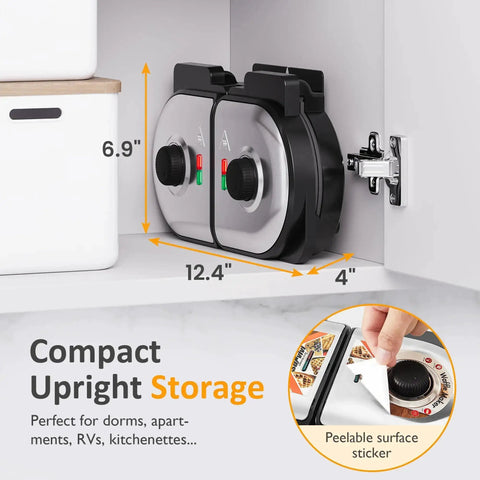 Dual Waffle Maker With Heart And Classic Plates compact upright storage in kitchen cabinet, nonstick surface, easy clean, 12.4x6.9x4 inches