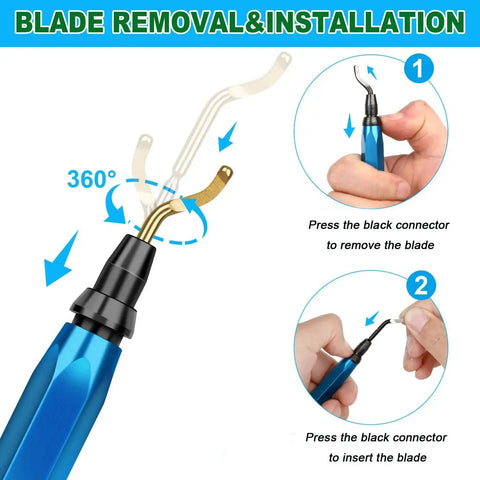 3D Print Deburring Tool Set With 11 High Speed Steel Blades And 5 Needle Files For Smoothing Edges On Metal Resin Copper Plastic PVC Pipes And More Includes Micro Wire Cutter For Clean Pro Level Finishes showing blade removal and installation instructions