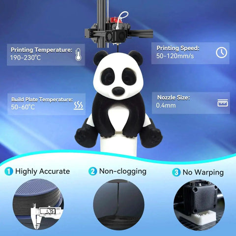 High Speed Flexible TPU Filament 1.75mm 1kg For Fast Prints With Dimensional Accuracy About 0.03mm Sweet For Flexible Parts In Robotics And Fashion Projects Works With Most FDM 3D Printers Grey, showing a panda print on 3D printer with specifications.